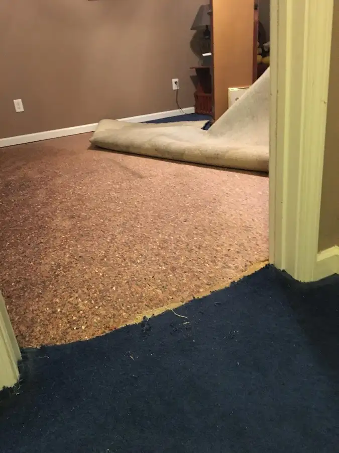 Carpet pad removal revealing water damage during Drying & Dehumidification in Byron